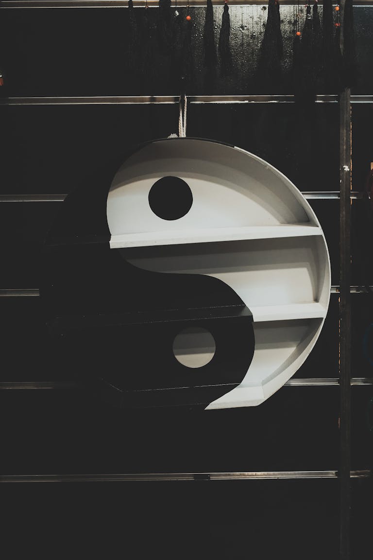 Striking yin yang wall art with shelves in black and white, perfect for modern decor.